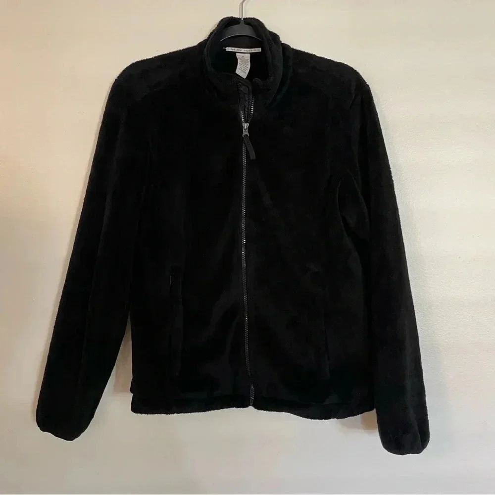 For The Republic Black Soft Fuzzy Mock Neck Zip Up Fall Winter Coat Jacket Med